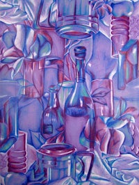 a painting of bottles and vases in purple and blue