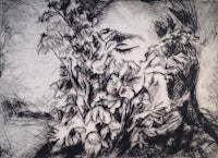 a drawing of a woman with flowers on her face