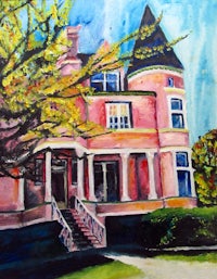 a painting of a pink victorian house