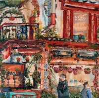 a painting of a chinese restaurant with people outside