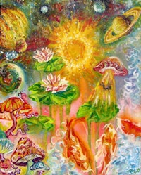 a painting of a sun, planets and flowers