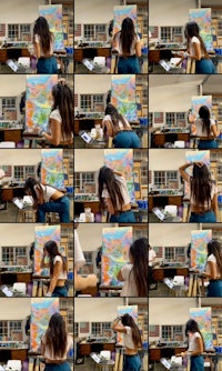 a collage of pictures of a woman painting