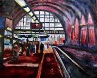 a painting of a train station with people waiting