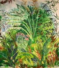 a watercolor painting of a tropical garden