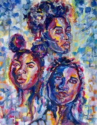 a painting of three black women with colorful hair