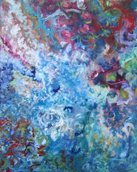 an abstract painting with blue and red colors