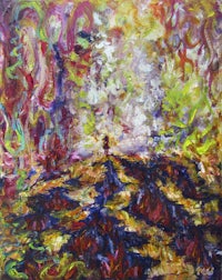 a painting of a person walking down a path