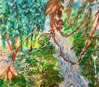 a painting of a waterfall in the jungle